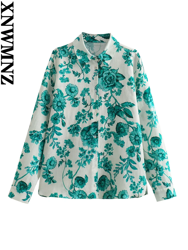 

XNWMNZ Women's Fashion 2023 Autumn Linen Blended Flower Print Shirt Women Retro Lapel Long Sleeve Front Button Female Top