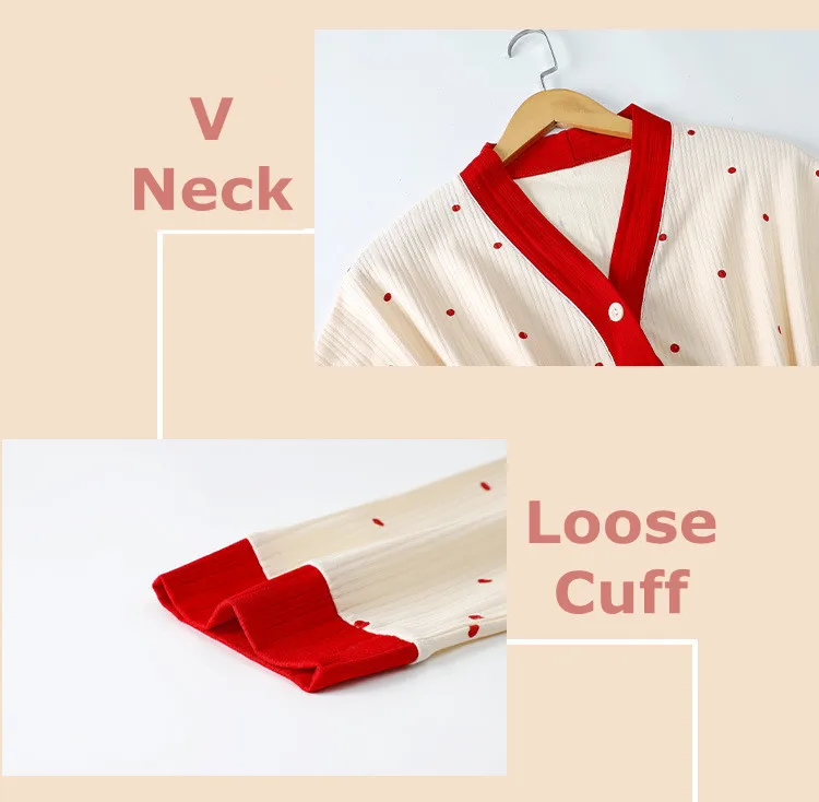 Yasuk Spring Autuum Fashion Women's Casual Print Pocket Sleepwear Homewear Cute Lovely Pajamas With Pants Soft Cotton Strawberry