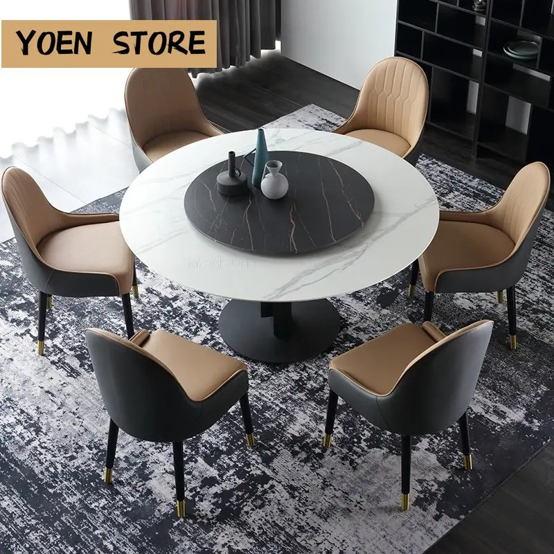 

Contemporary Style Simple Rock Plate Round Dining Tables With Turntable Family Used Light Luxury Table And Chairs Combination