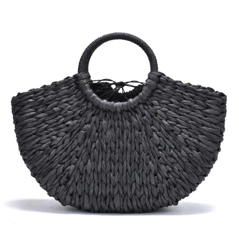 

2023 new Handmade Bag Women Pompon Beach Weaving Ladies paper Straw Bag Wrapped Beach Bag Moon shaped Bag