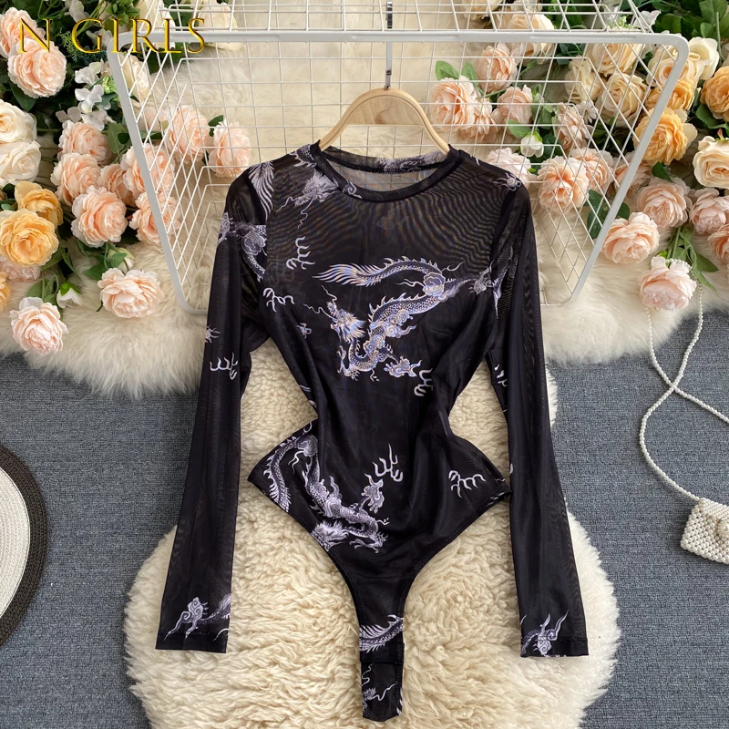 

N GIRLS Women Mesh Print Rompers Fashion Retro Sexy Bodycon Slim Long Sleeve Jumpsuit Autumn Design Streetwear