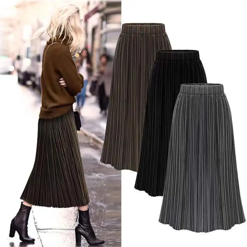 

Stylish Large Size Spring Autumn Pleated Skirt Women's Clothing Vintage Elasticity High Waist A-line Skirts AC786