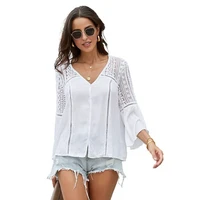 hollow out v neck flare sleeve tops spring autumn women solid colors lace casual long sleeve t shirts lady single breasted tees