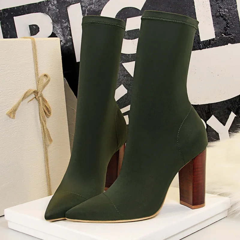 

Туфли BIGTREE на шпильке, пикантные носки с острым носком, ботильоны, черные, зеленые эластичные тканевые зимние ботинки на квадратном каблуке