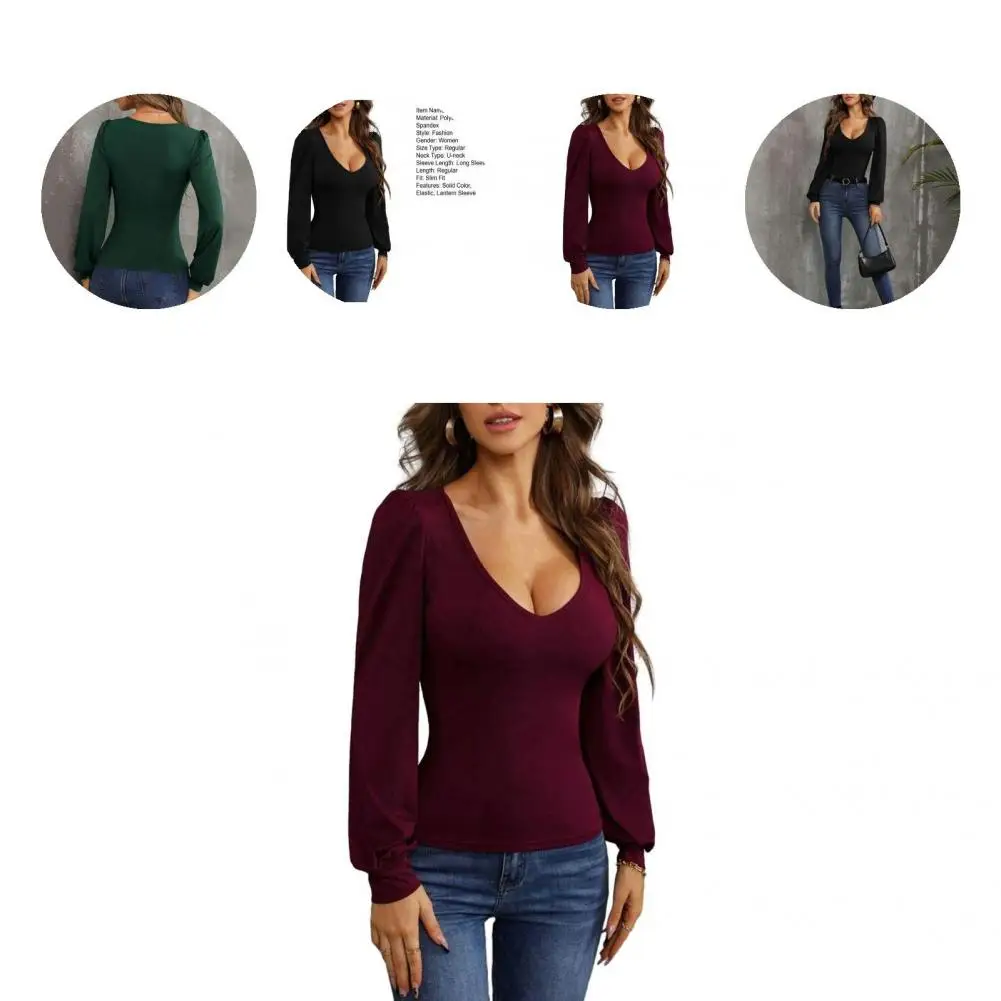 

Trendy Solid Color Spring Top Lantern Long Sleeve Blouse Stylish Women's Lantern Sleeve Blouse Slim Fit High for Spring