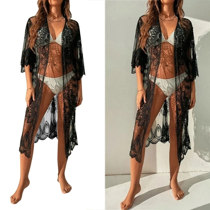 

Женская кружевная Пляжная накидка, пикантное Прозрачное кимоно, кардиган, купальный костюм, накидка, бикини с открытой передней частью