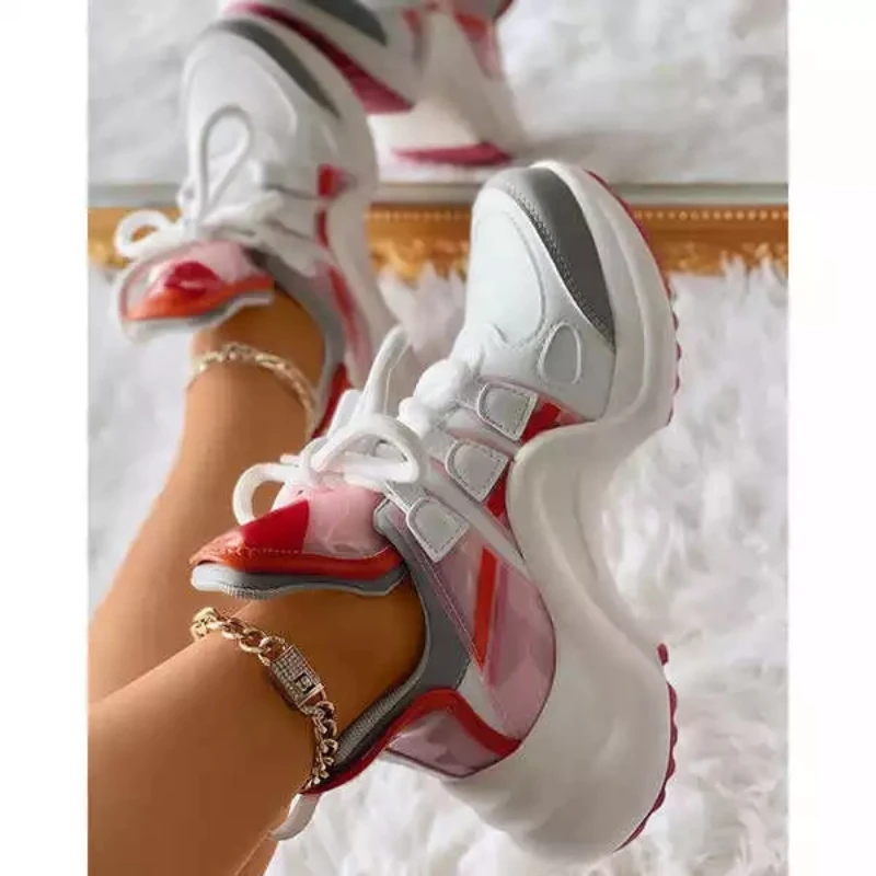 

2022 New Women's Shoes Fashion Classic Color-blocking PU Round Toe Lace-up Comfortable Casual Sports Shoes Running Shoes KE825