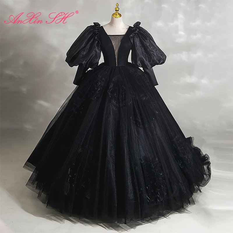 

AnXin SH princess black lace sweetheart luxury vintage big rose puff sleeve lace up bride ball gown ruffles evening dress