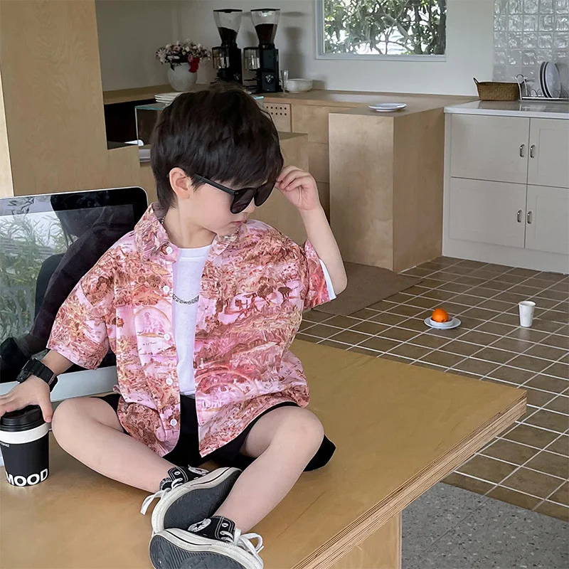 

Summer oil painting Kids lapel collar Shirts boys thin style casual short sleeve shirt Tops