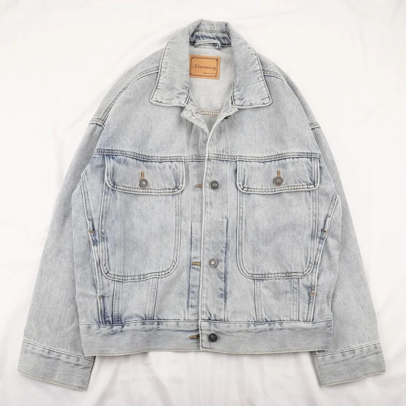 

Vintage Light Blue Big Pocket Denim Jacket Women Loose Short Student Outwear Spring Autumn Long Sleeve Jeans Jacket Coat Female