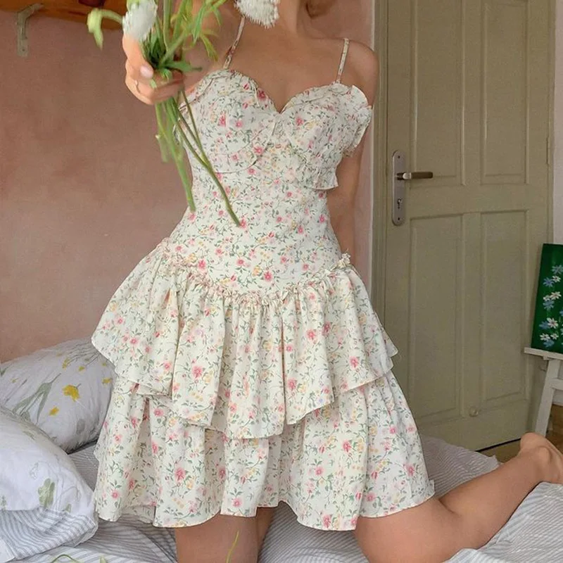 

Женское платье-комбинация без рукавов, с цветочным принтом и оборками, с открытой спиной, двухслойное платье на бретельках, Повседневная пр...