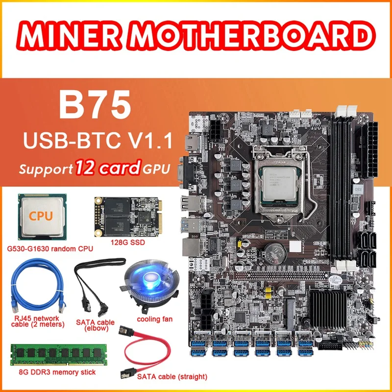 B75 12 Card BTC Mining Motherboard+CPU+Fan+8G DDR3 RAM+128G SSD+2XSATA Cable+Network Cable 12XUSB3.0 LGA1155 DDR3 MSATA
