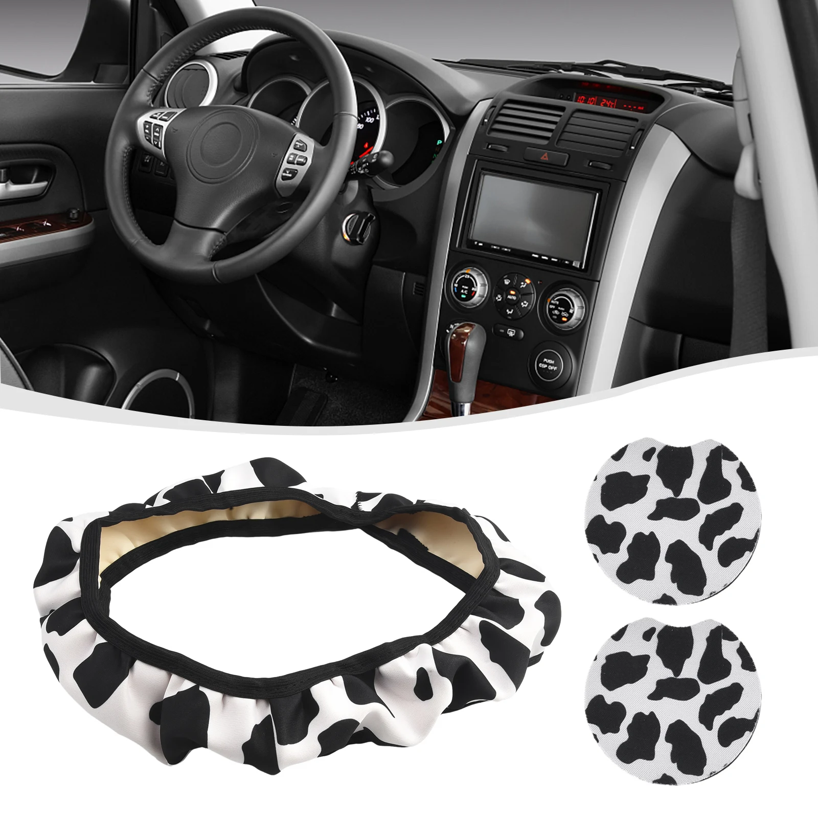 

3PCS Car Universal Cute Cow Print Car Steering Wheel Cover + Coaster Non-Slip Kit Interior Accessories
