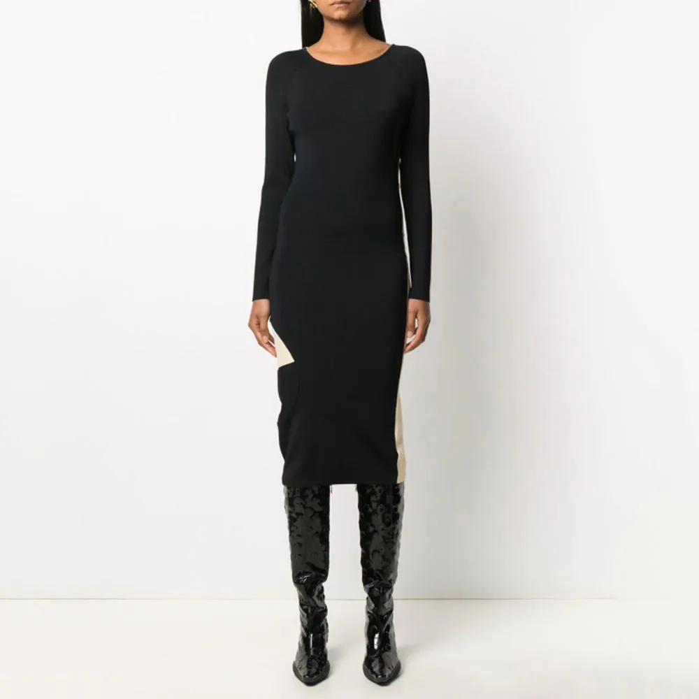 

2023 Fall New Women's Dress Y2k Clashing Color Splicing Sexy Backless Fashion Temperament Round Neck Long Sleeve Knitted Dresses