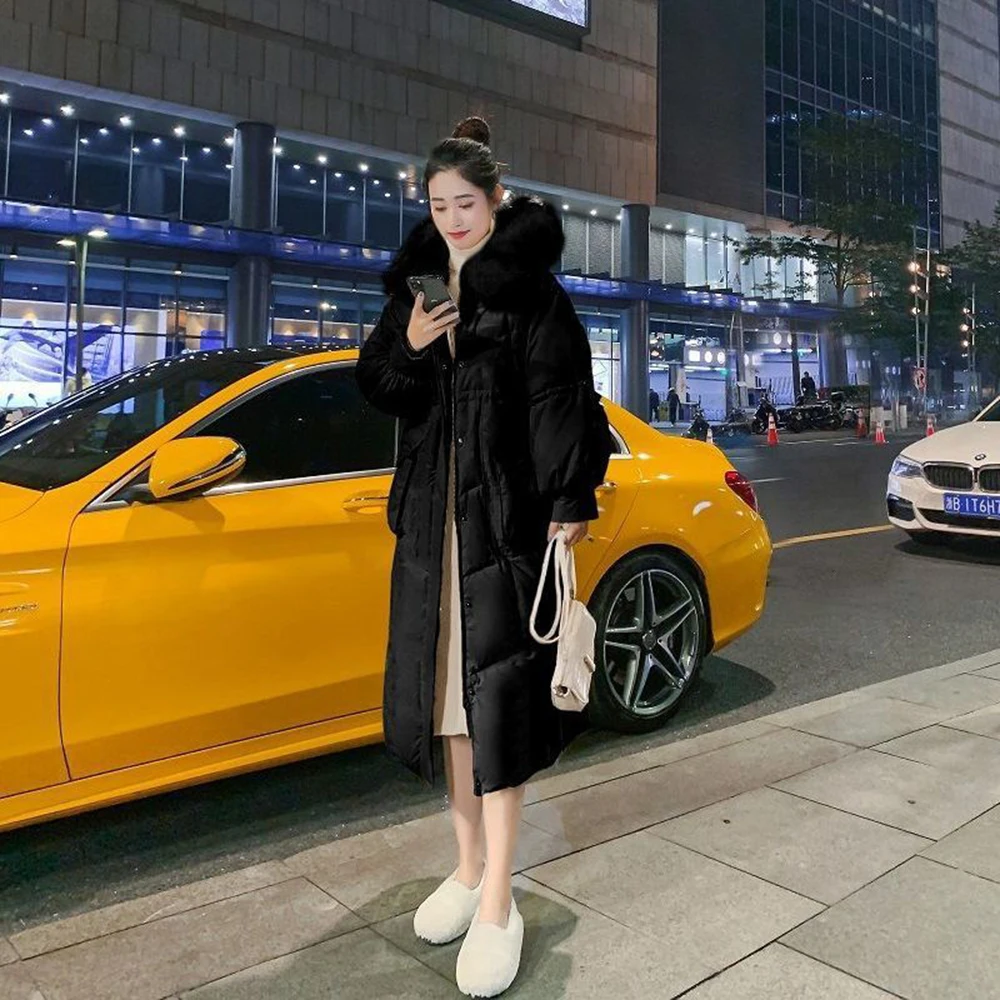 2022 Winter New Women's Thicken Warm Duck Down Coat Medium Long Korean White Loose Beautiful Hoodie Overcoat Hooded Snowwear