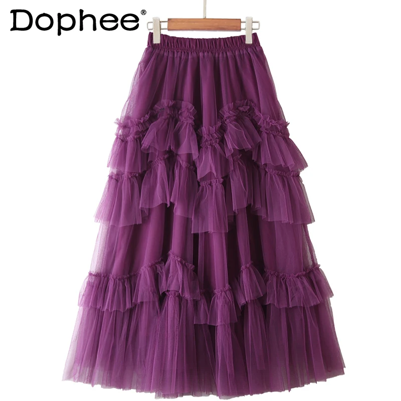 

Fashion Purple Cake Skirt Female 2022 Spring New Mesh Ruffled Long Skirts Woemn Sweet All-Matching Mesh Stitching Bubble Skirt