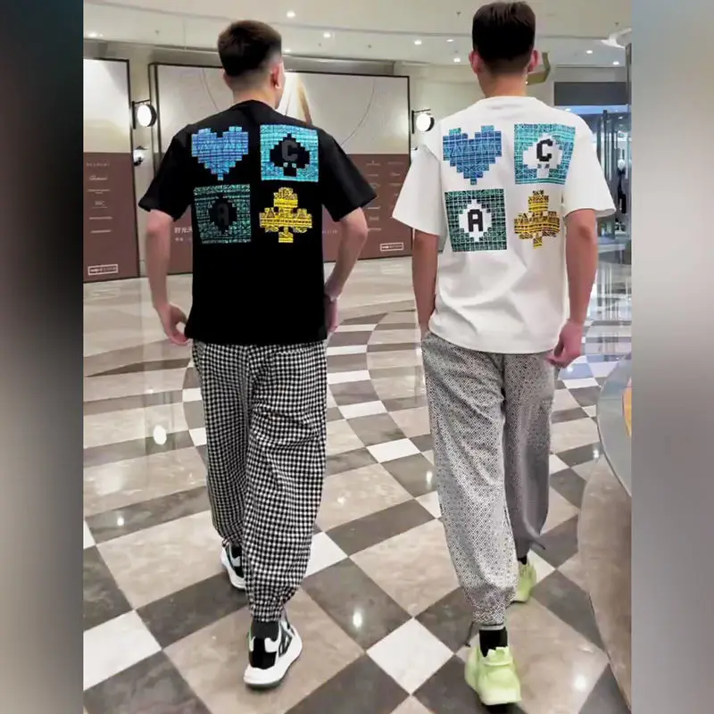 

Men's short-sleeved 2022 new summer trend ins heavy craft printing handsome couple outfits all-match high street plaid T-shirt