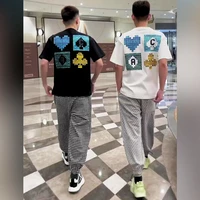 mens short sleeved 2022 new summer trend ins heavy craft printing handsome couple outfits all match high street plaid t shirt