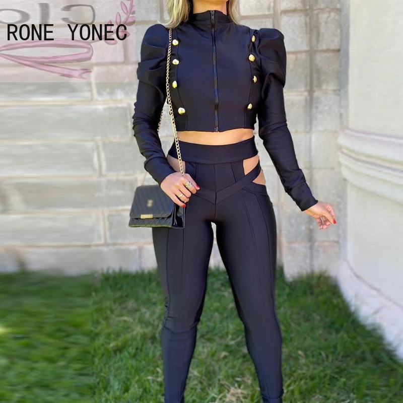 Женский однотонный пиджак на пуговицах с длинными рукавами-фонариками и брюки