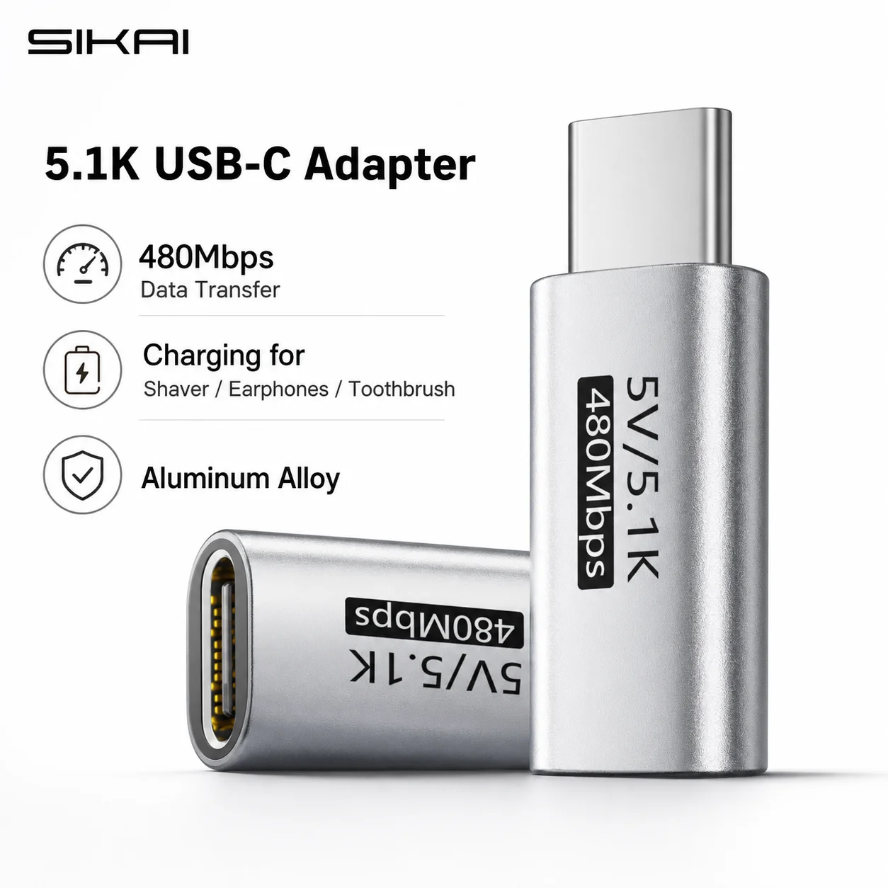 Фото Адаптер USB-C (штекер-гнездо) с резистором 5,1 кОм, конвертер зарядки 5В Type-C для бритв, триммеров, наушников, вентиляторов, электрических отверток №1