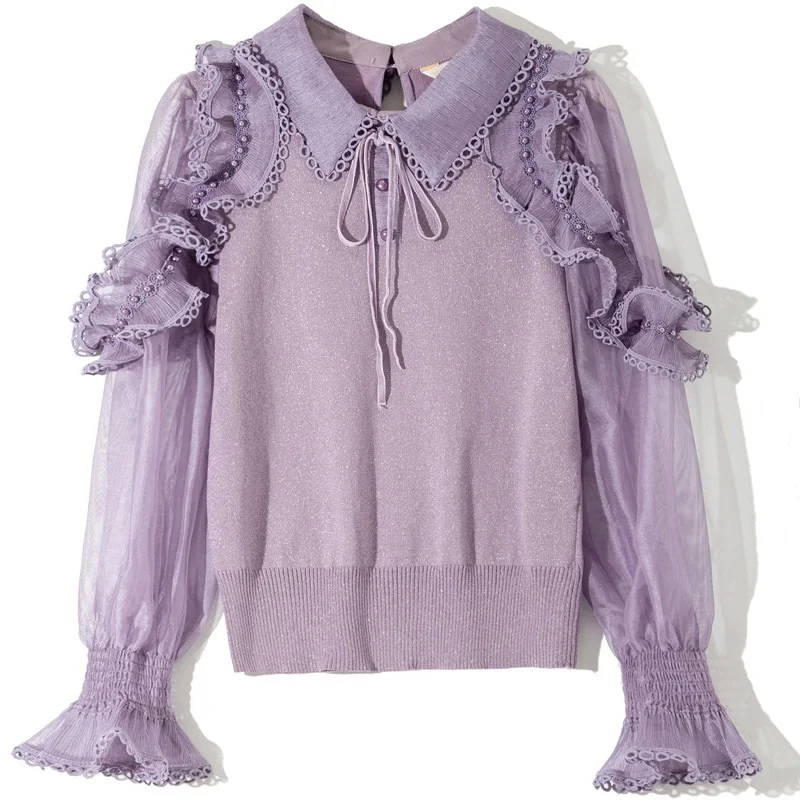 Tops Fashion Sweaters 2023 Spring Summer Autumn Pullover Lady Turn-down Collar Tulle Mesh Ruffle Flower Purple Red Black Jumper