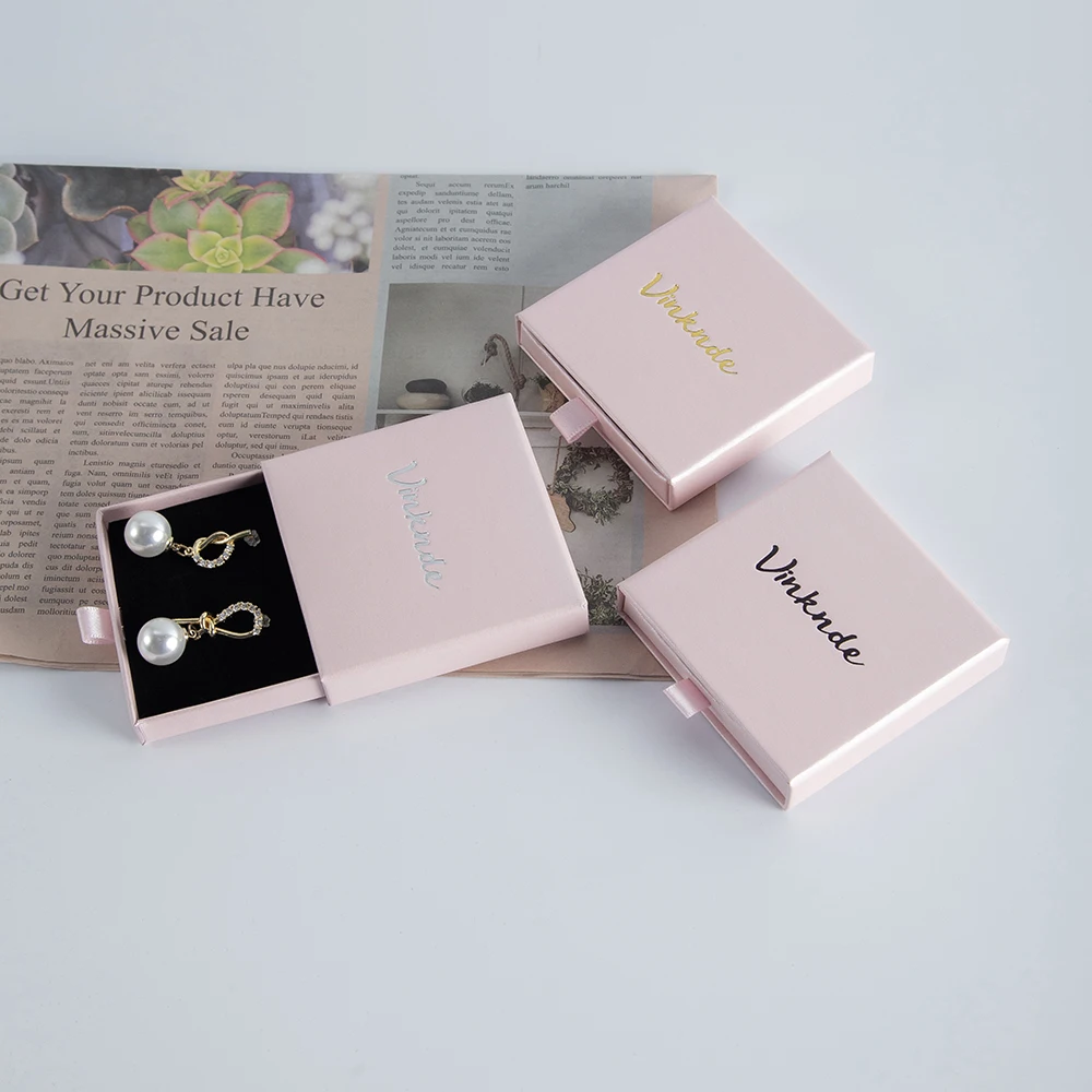 50pcs Pink Custom Logo Luxury Jewellery Case Drawer Sliding Gift  Earrings Necklace Organizer Packaging Box with Black Foam