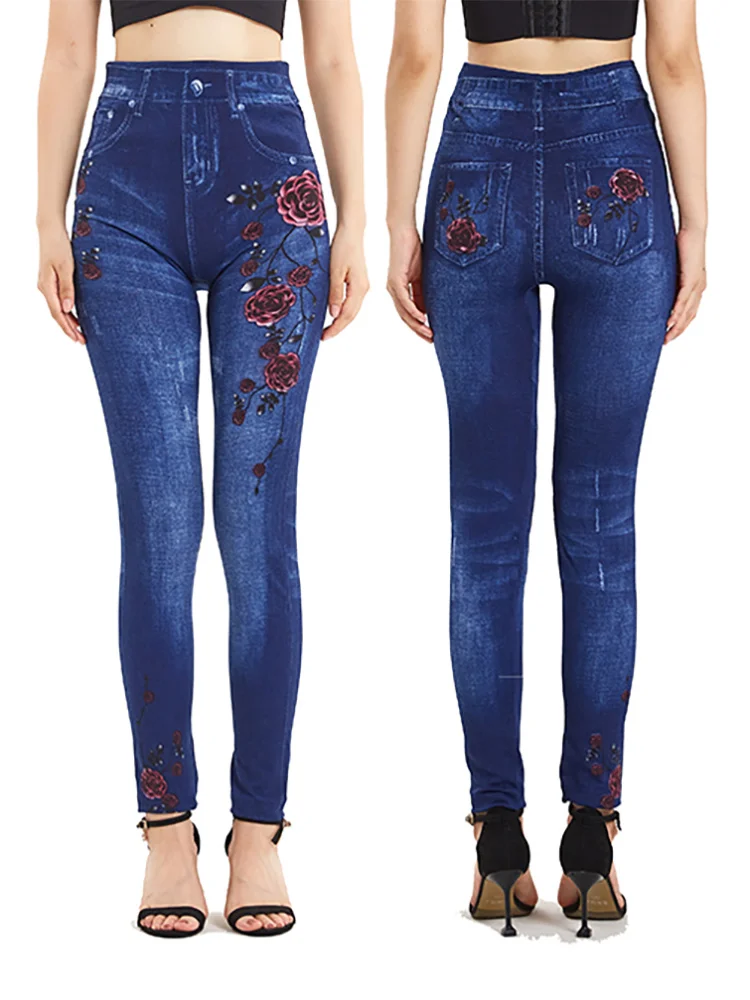 

VISNXGI Spring Red Floral Print Women High Waist Jeggings Soft Casual High Waist False Jeans Plus Size Stretchy Soft Denim Pants