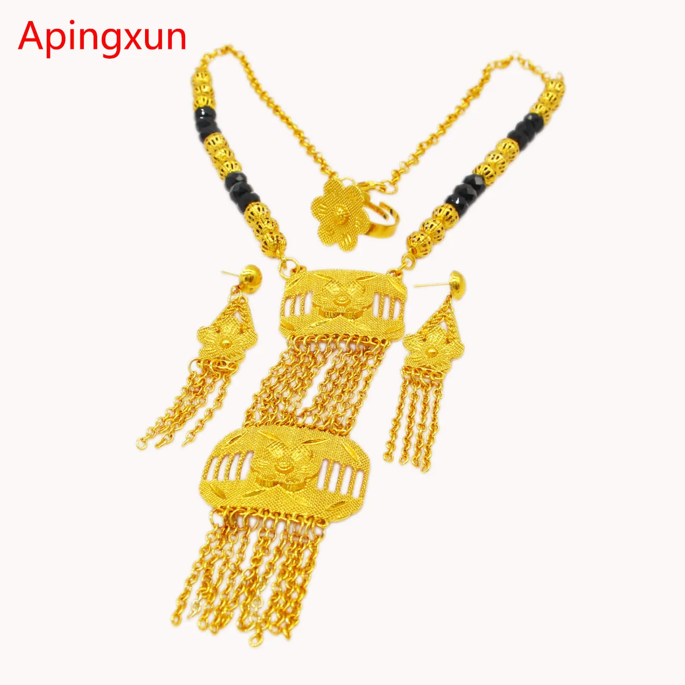 

Apingxun Дубай 24K золотой цвет черный/роскошный камень, серьги и кольцо, набор ювелирных изделий, африканские арабские женщины, свадьба невесты