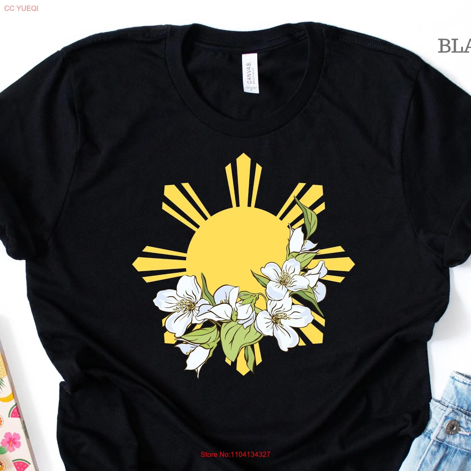 Филиппинское солнце и звезды Sampaguita футболка с круглым вырезом символ Филиппины 64