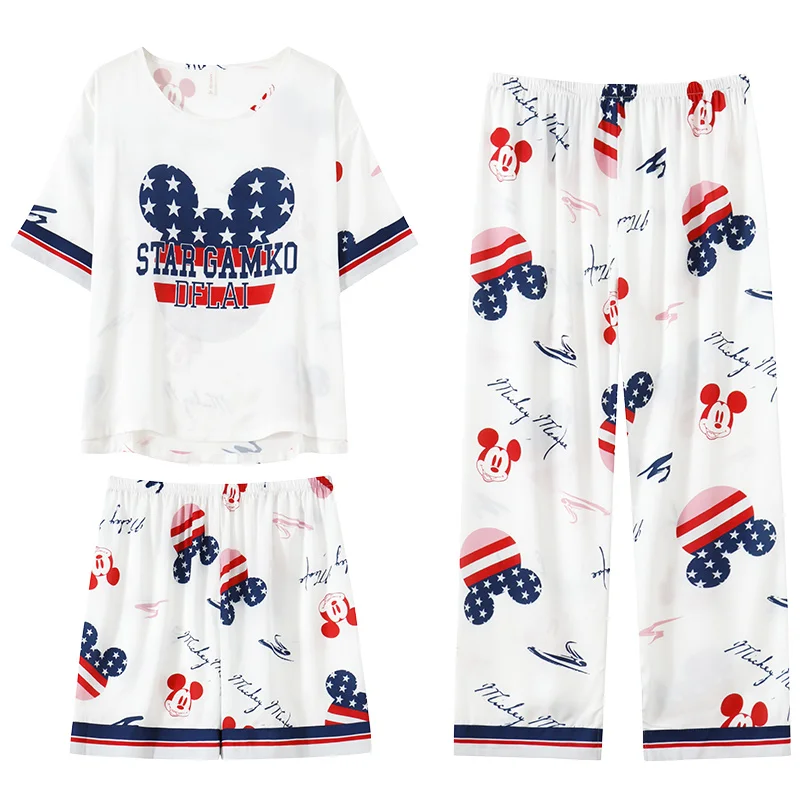 

Disney Women 3 Piece Pajamas Set O-Neck Design Luxury Mickey Mouse Print Sleepwear Silk Like Home Clothes Large Size Nightwear