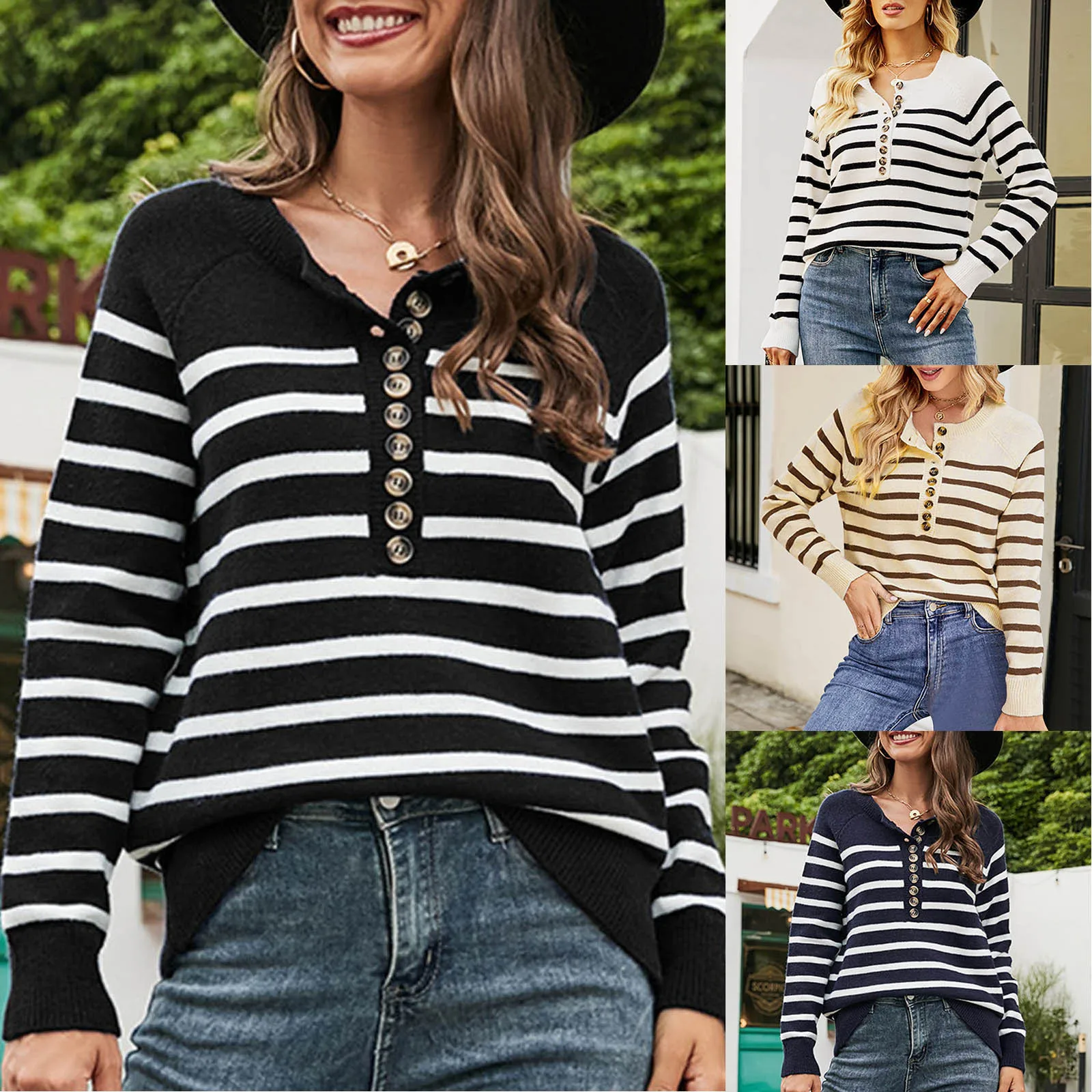 

Women Long Sleeve Round Neck Button Pullover Sweater Striped Elegance Knitted Sweater Cotton Blend Sweatshirts Slim-Fit Sweaters