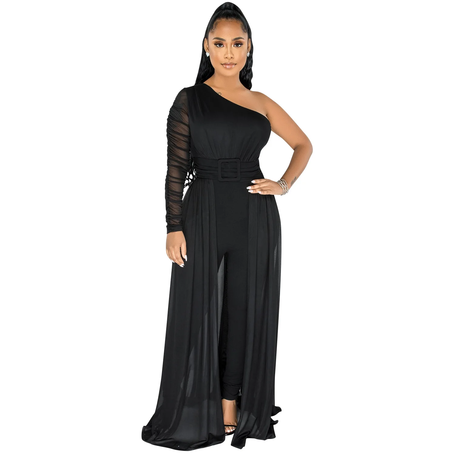 2023 Women Fashion Elegant Casual One Shoulder Plain Sheer Mesh Jumpsuit Long Sleeve Chic Mesh Solid Elegance Patchwork