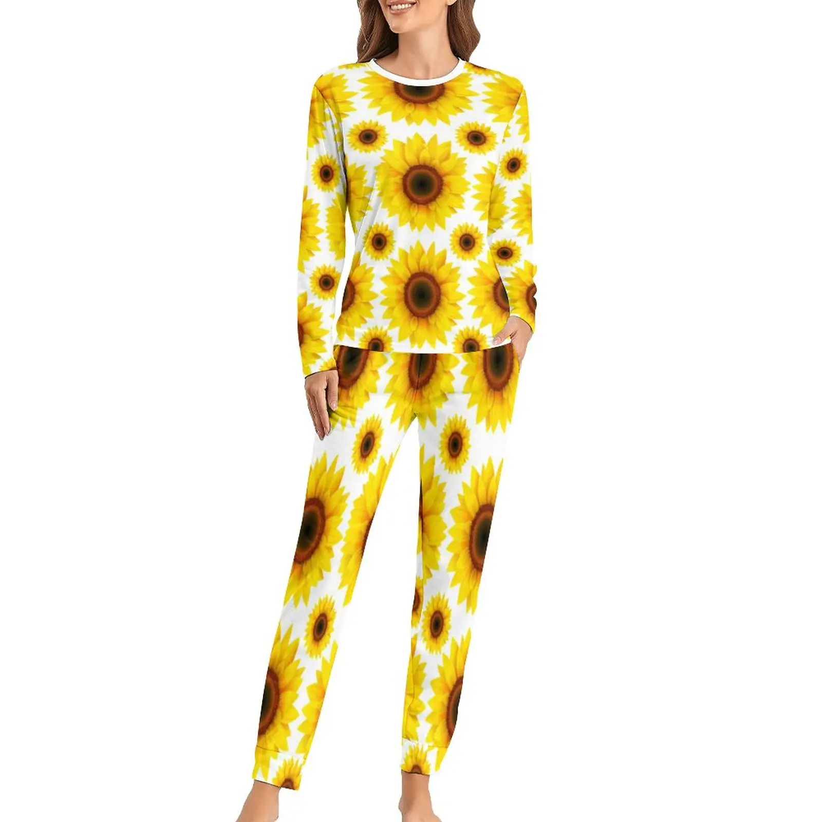 

Cheerful Sunflower Pajamas Yellow Sunflowers Print Long-Sleeve Cute Pajamas Set Two Piece Casual Loose Oversized Nightwear