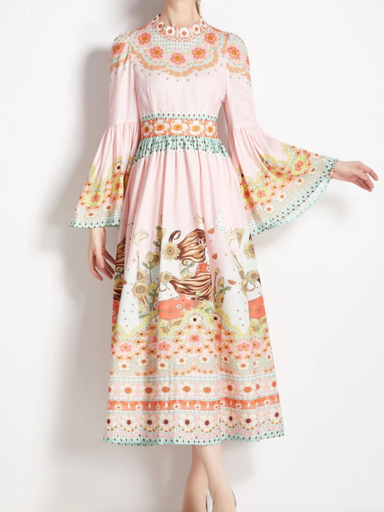 

Fashion Elegant Floral Print Casual Midi Women Dress Autumn Slim Vintage Party Prom Vestidos Femme A-Line Maxi Robe Clothes