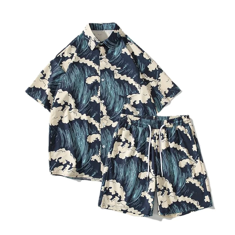 

Мужская гавайская рубашка из 2 предметов HarajukuUkiyo-e The Great Wave принт с короткими рукавами пляжная рубашка костюм летняя мода рубашки на пуговицах