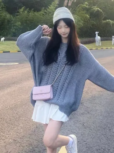 Lazy Gentle Sle круглый вырез серый пуловер свитер женская верхняя одежда зимний