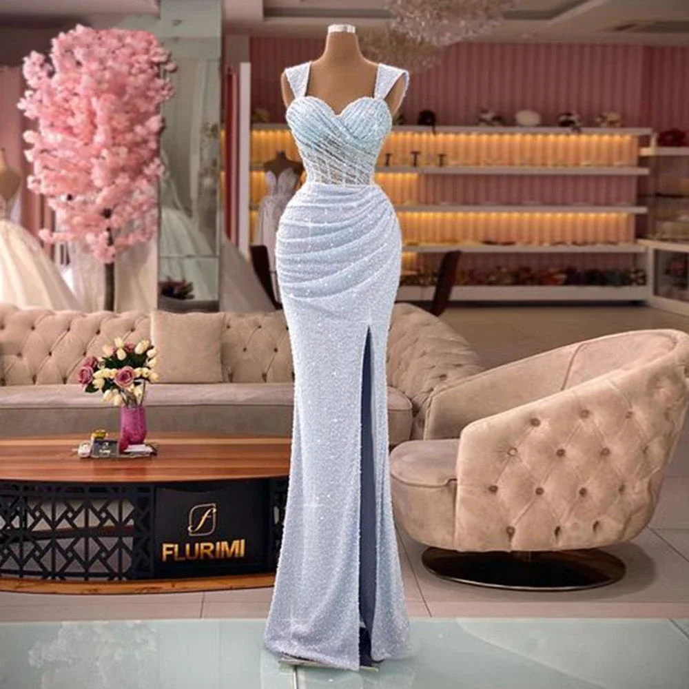 

2023 Light Blue Sequin Sweetheart Evening Dress Sexy Side Split Short Sleeve Mermaid Special Occasion Birthday Prom Dresses
