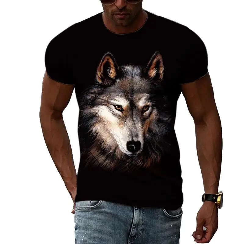 

Summer Fashion Animal Pattern Wolf T Shirts For Men Casual 3D Print Tee Hip Hop Harajuku Personality Round Neck Short Sleeve