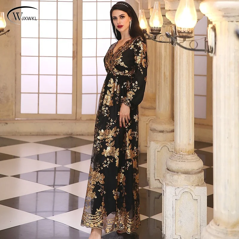 7000 Temperament Black Gold Sequins Embroidery Dubai Double Dress 2022 Abayas for Women Turkish