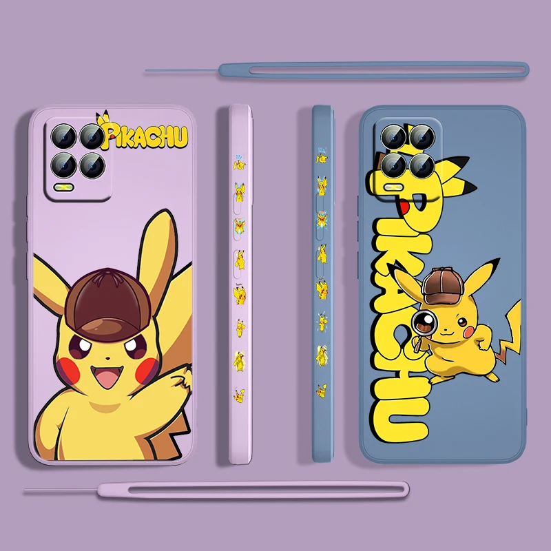 

Pikachu Cute Cartoon For OPPO Realme 50i 50A 9i 8 Pro Find X3 Lite GT Master A9 2020 Liquid Left Rope Phone Case Capa Cover