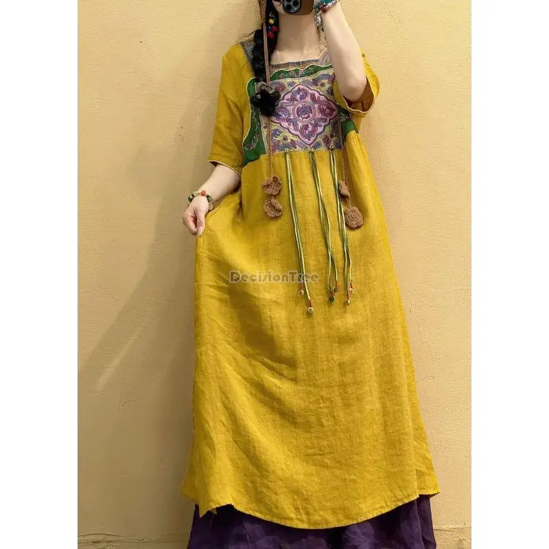 2023 Летнее льняное платье с вышивкой в китайском этническом стиле длинное