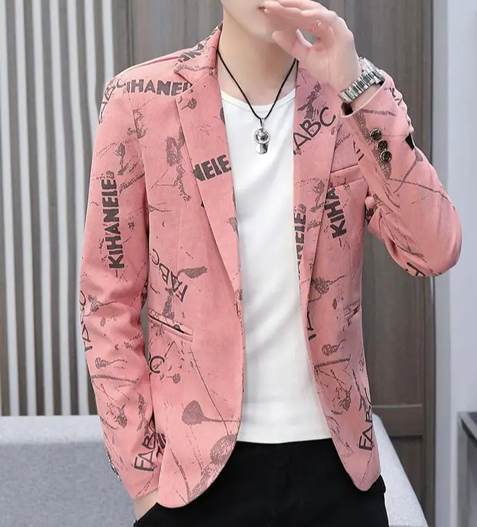 

Новый стиль, однотонное пальто с цветным принтом на одной пуговице из хлопчатобумажной смеси, приталенный мужской костюм, куртка ABD753