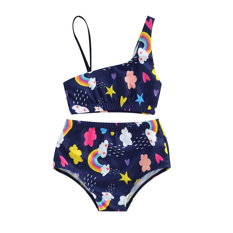 Cute Baby Girls Swimsuits 2 Pieces Kid Rainbow Print Sleeveless Crop Tops with Briefs Bathing Suit Swimwear