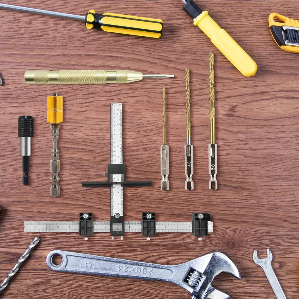 

Набор инструментов для шкафа, износостойкий Профессиональный кондуктор для сверления, направляющая для дюбелирования, 7 шт.