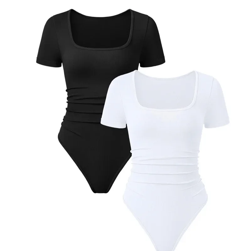 Женский облегающий мятый комбинезон. Повседневный и удобный черно-белый