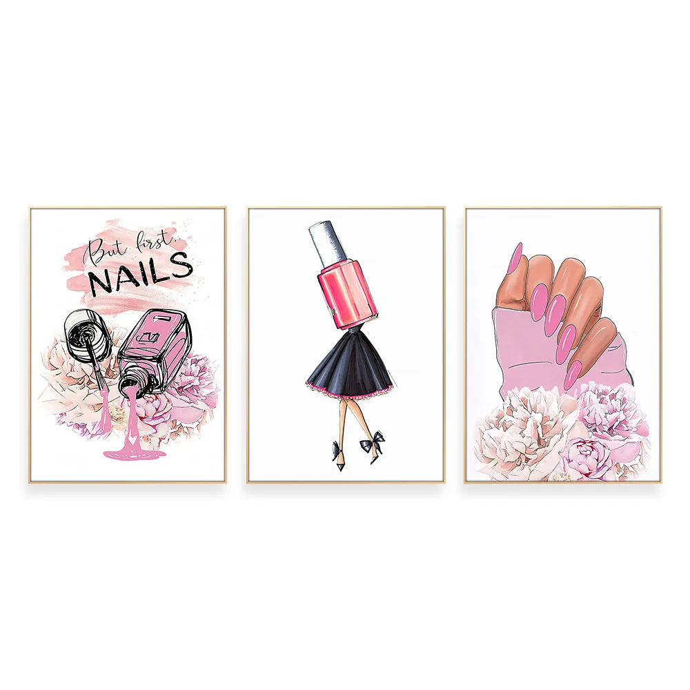 Розовый лак для ногтей холст настенное искусство аниме плакат милый дизайн