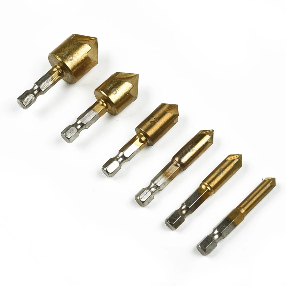 

6pcs 6mm-19mm HSS Countersink Drill Bit Set Hex Shank 5 Flute Chamfering Cutter For Wood Soft Metals Quick Drilling