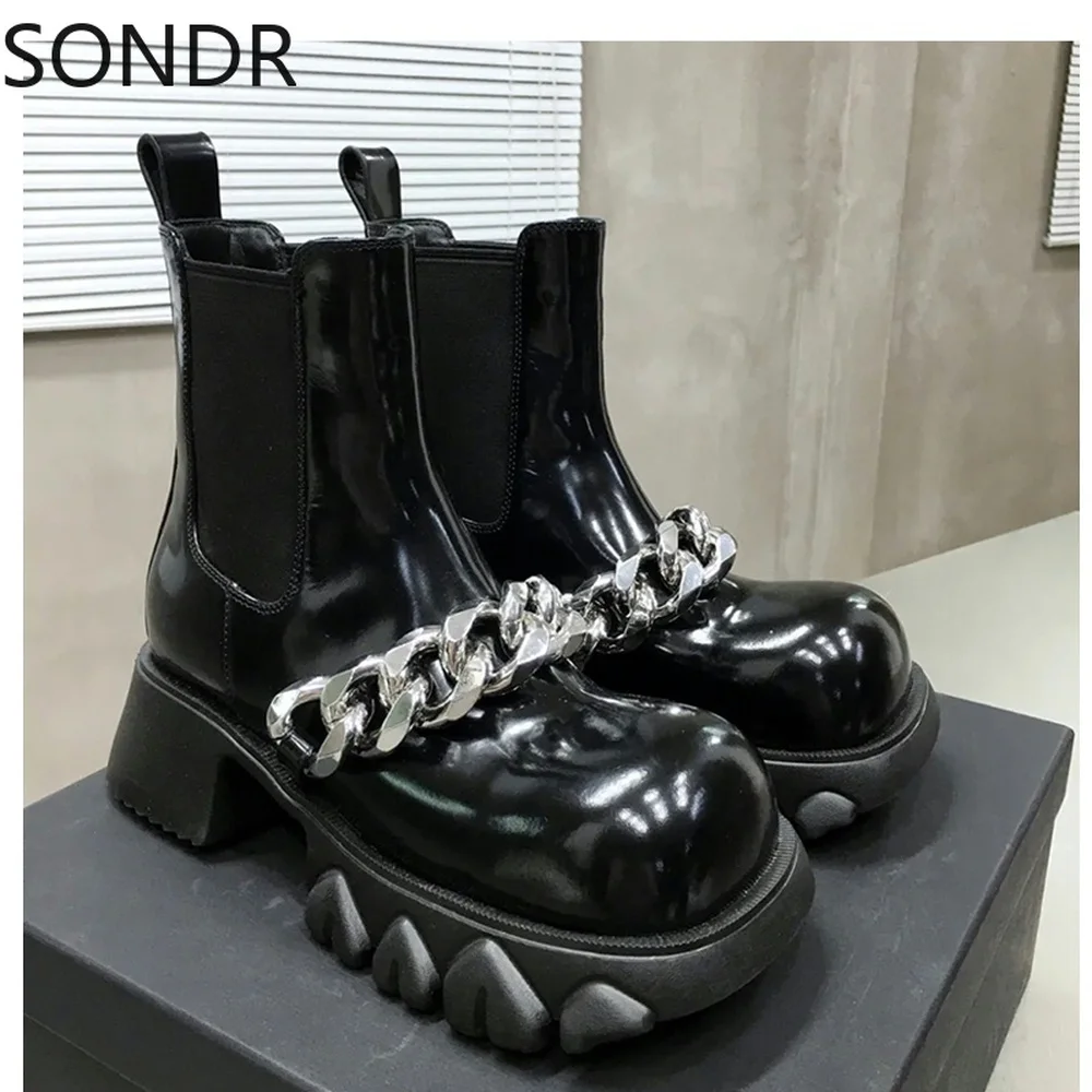 

Женские полусапожки Челси с круглым носком и металлической цепочкой, на платформе и массивном каблуке, в японском стиле ретро, новинка 2022