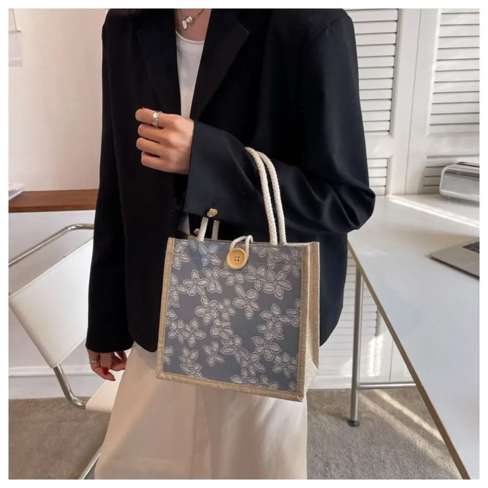 Большая Вместительная Льняная Холщовая Сумка-тоут С Кнопкой