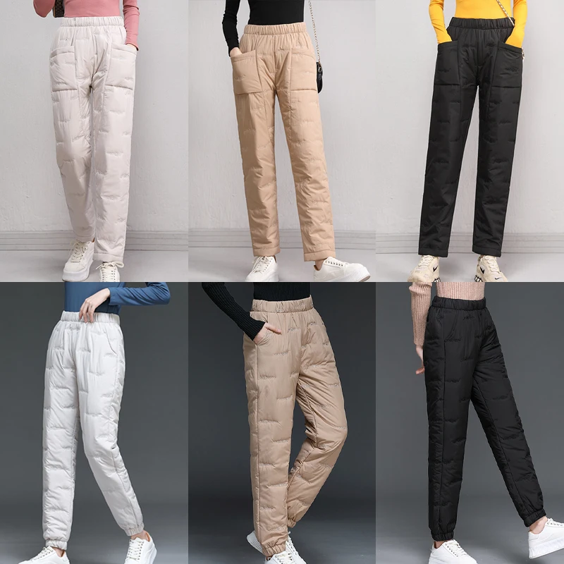 Women Winter Warm Down Cotton Pants Lightweight Padded Quilted Trousers Casual Elastic Waist Trousers Straight Leg Pants